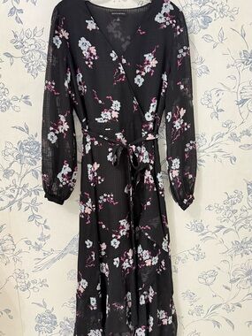 Banana Republic Black Maxi Wrap Dress with Pink & White Floral Print